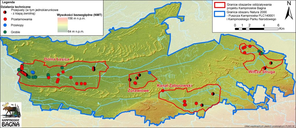 Mapa obiektów hydrotechnicznych wybudowanych w Kampinoskim Parku Narodowym w ramach projektu Kampinoskie Bagna